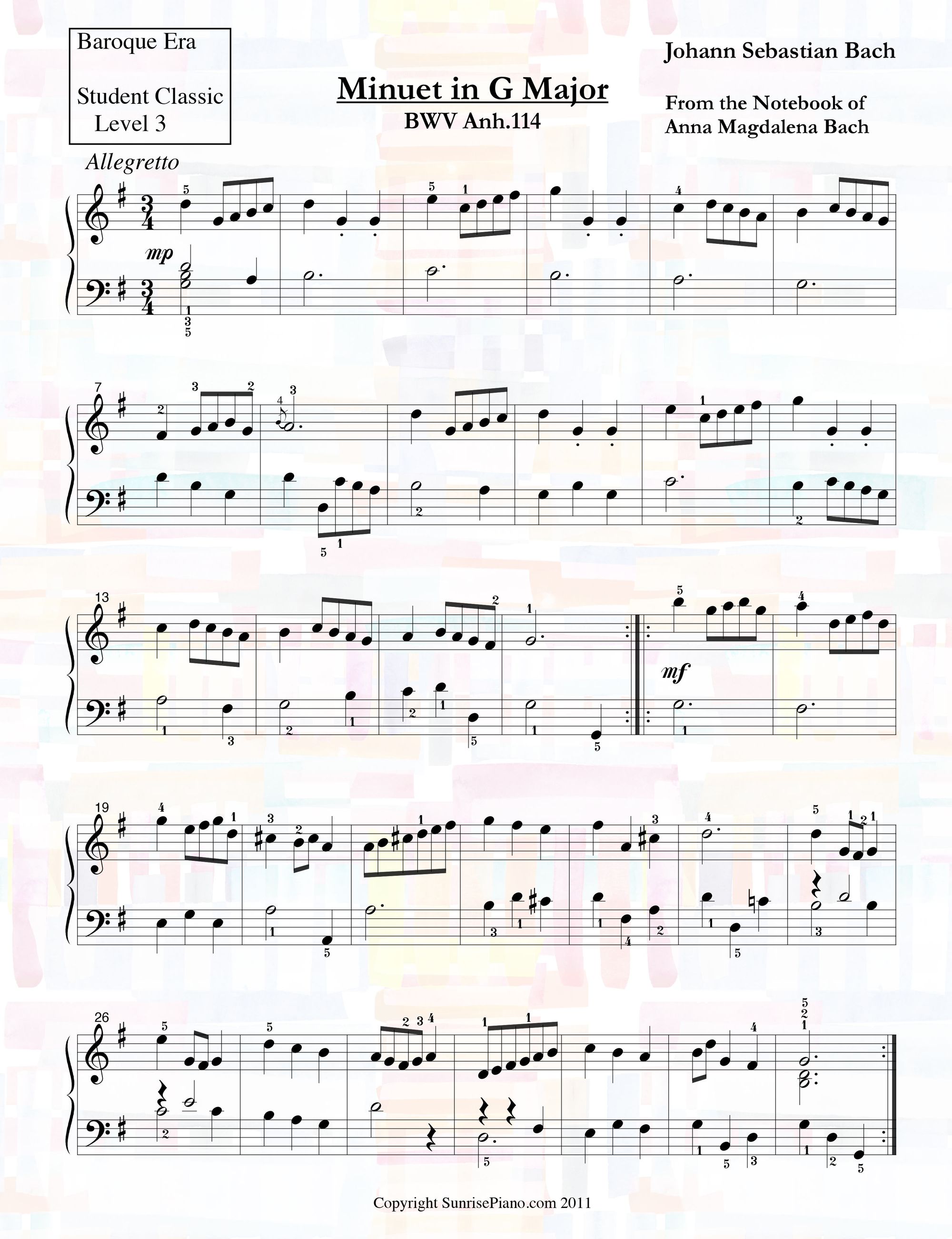Bach Minuet In G Major 114 Piano Sheet Music 