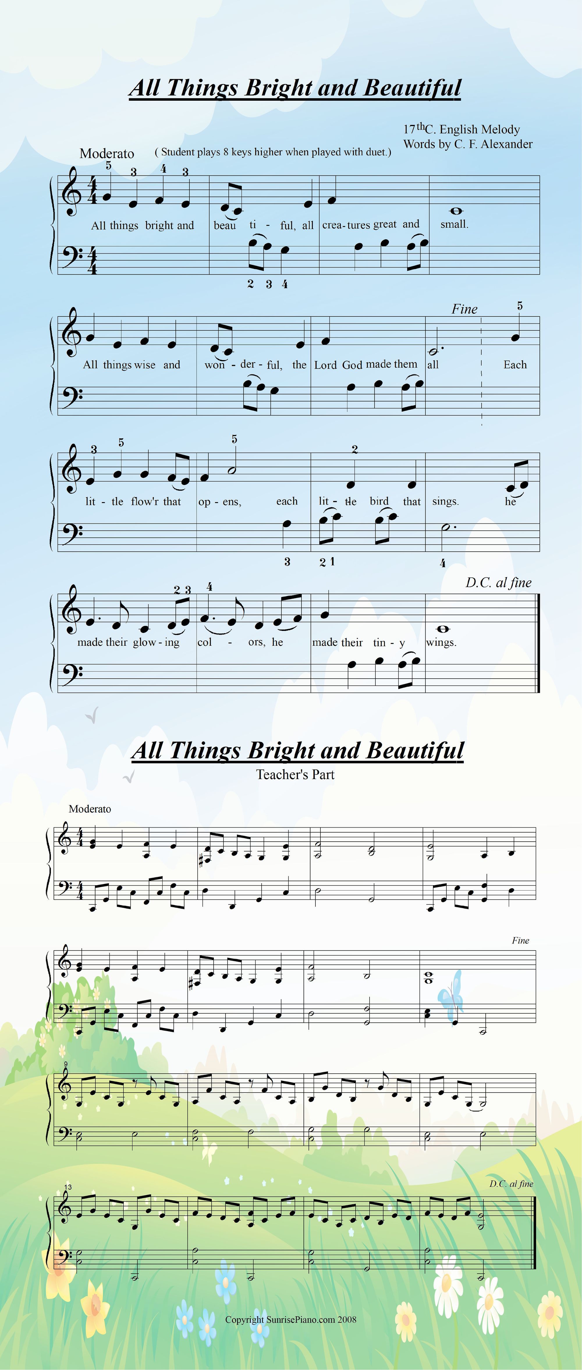 All Things Bright And Beautiful Elementary Piano Sheet Music