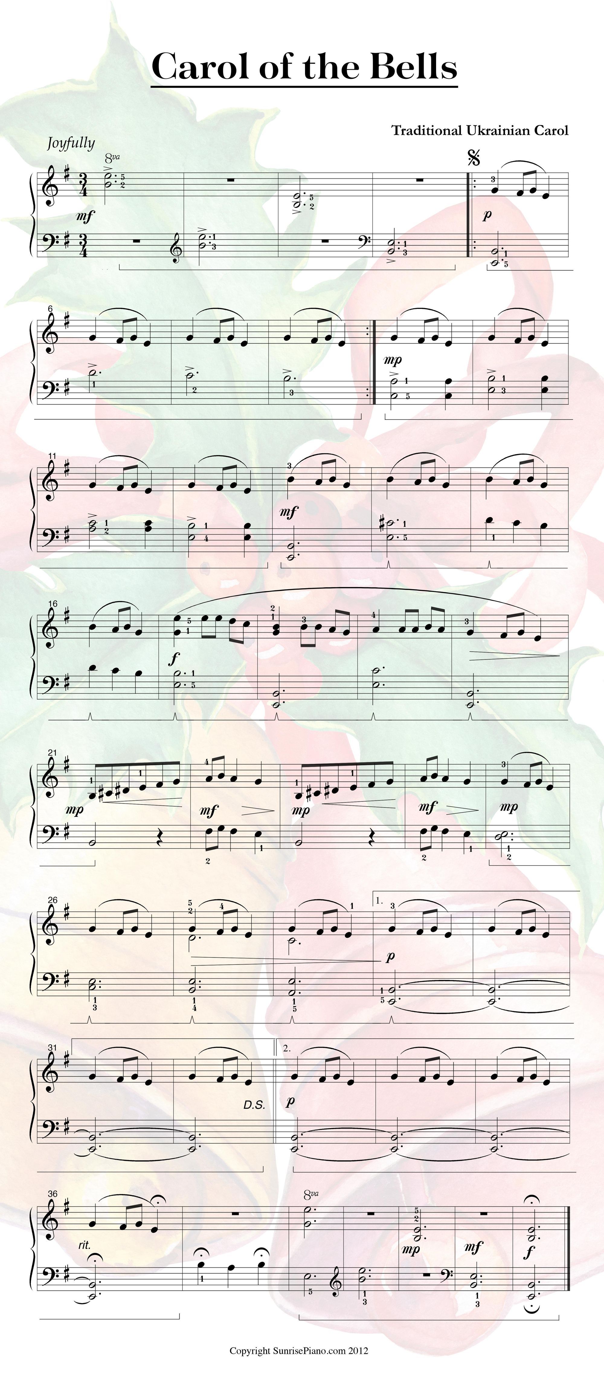 carol of the bells piano sheet music intermediate